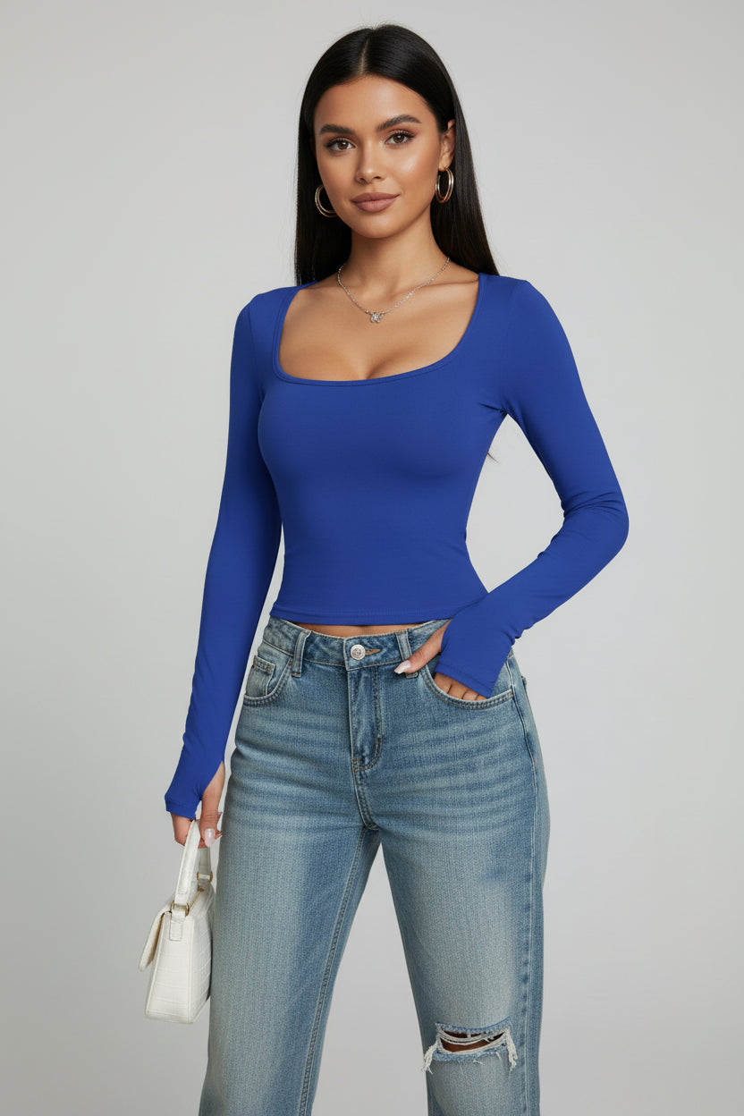 Square Neck Top Nora – Slim Fit Longsleeve in Effen Kleur
